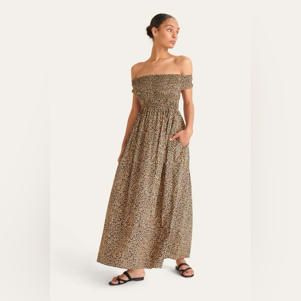 Matteau Brown Floral Off the Shoulder Smocked Maxi Dress